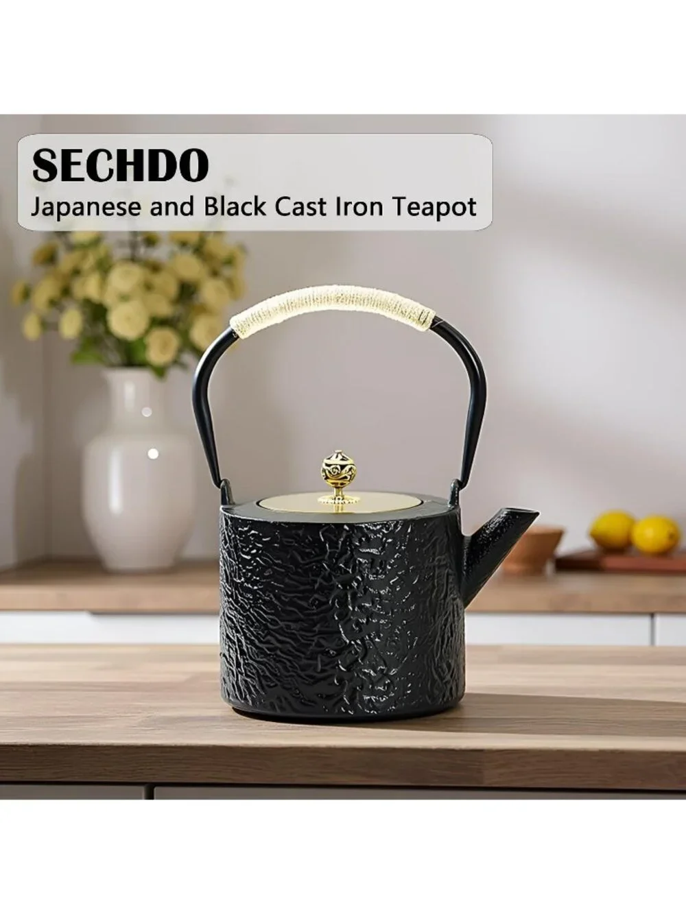Black Cast Iron Kitchen Japanese Tetsubin Tea Pot 40.6oz Stovetop Tea Kettle